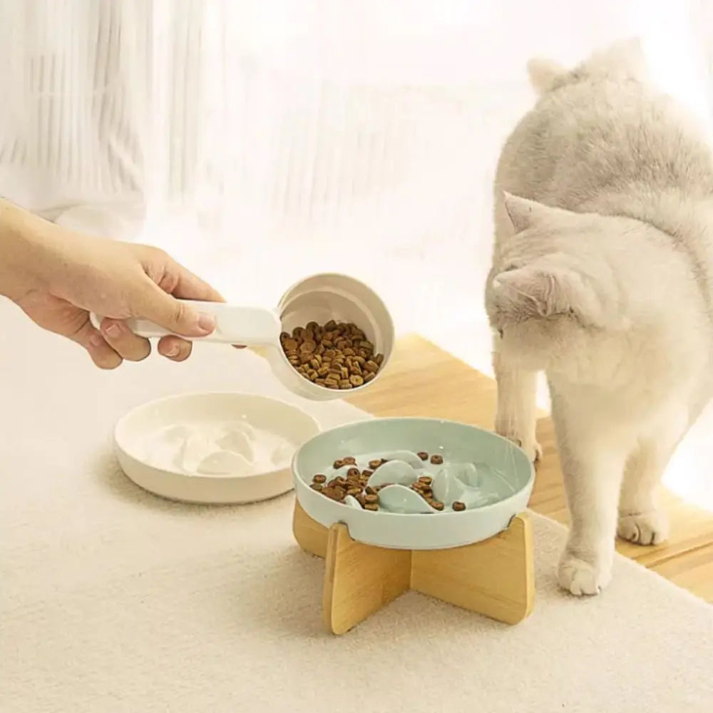 Wood Stand Raised Cat Bowl Ceramic Anti-choking Slow Feeder Bowl Ergonomic Neck Protection Cat Feeding Bowl Pet Feeding