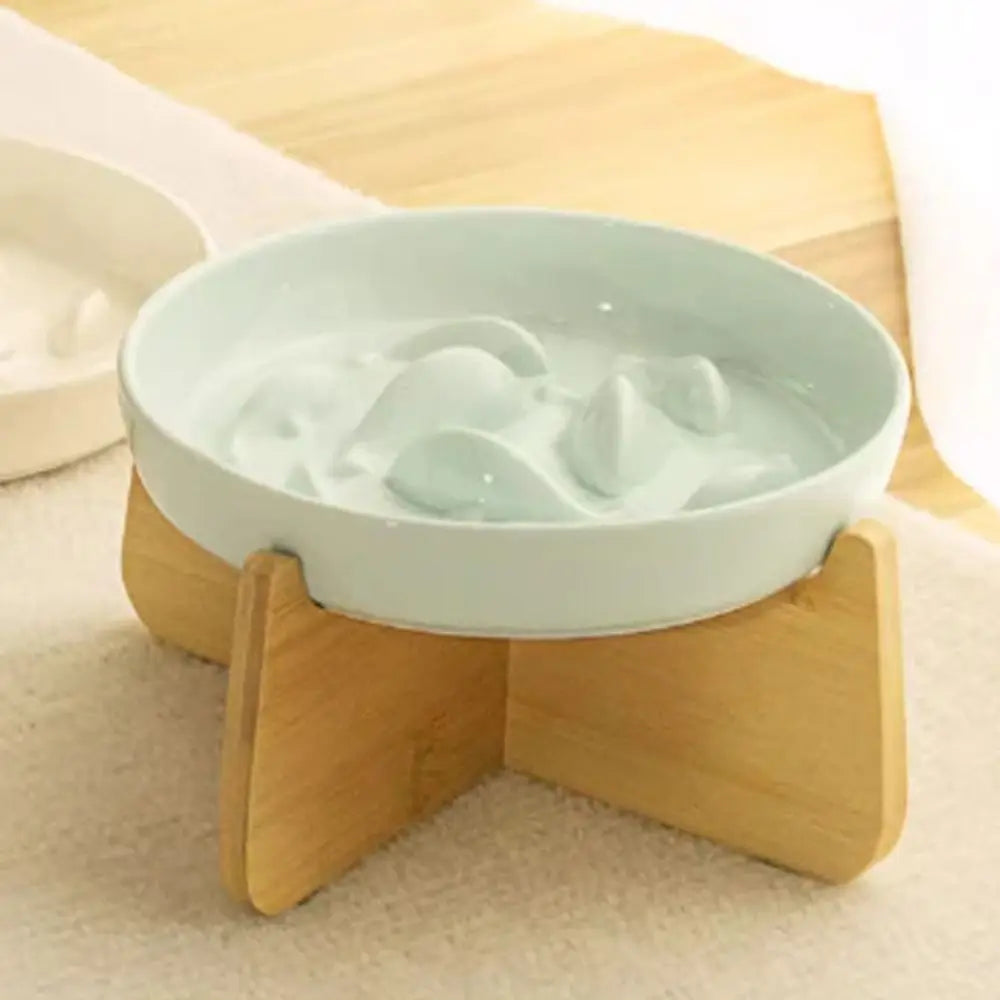 Wood Stand Raised Cat Bowl Ceramic Anti-choking Slow Feeder Bowl Ergonomic Neck Protection Cat Feeding Bowl Pet Feeding