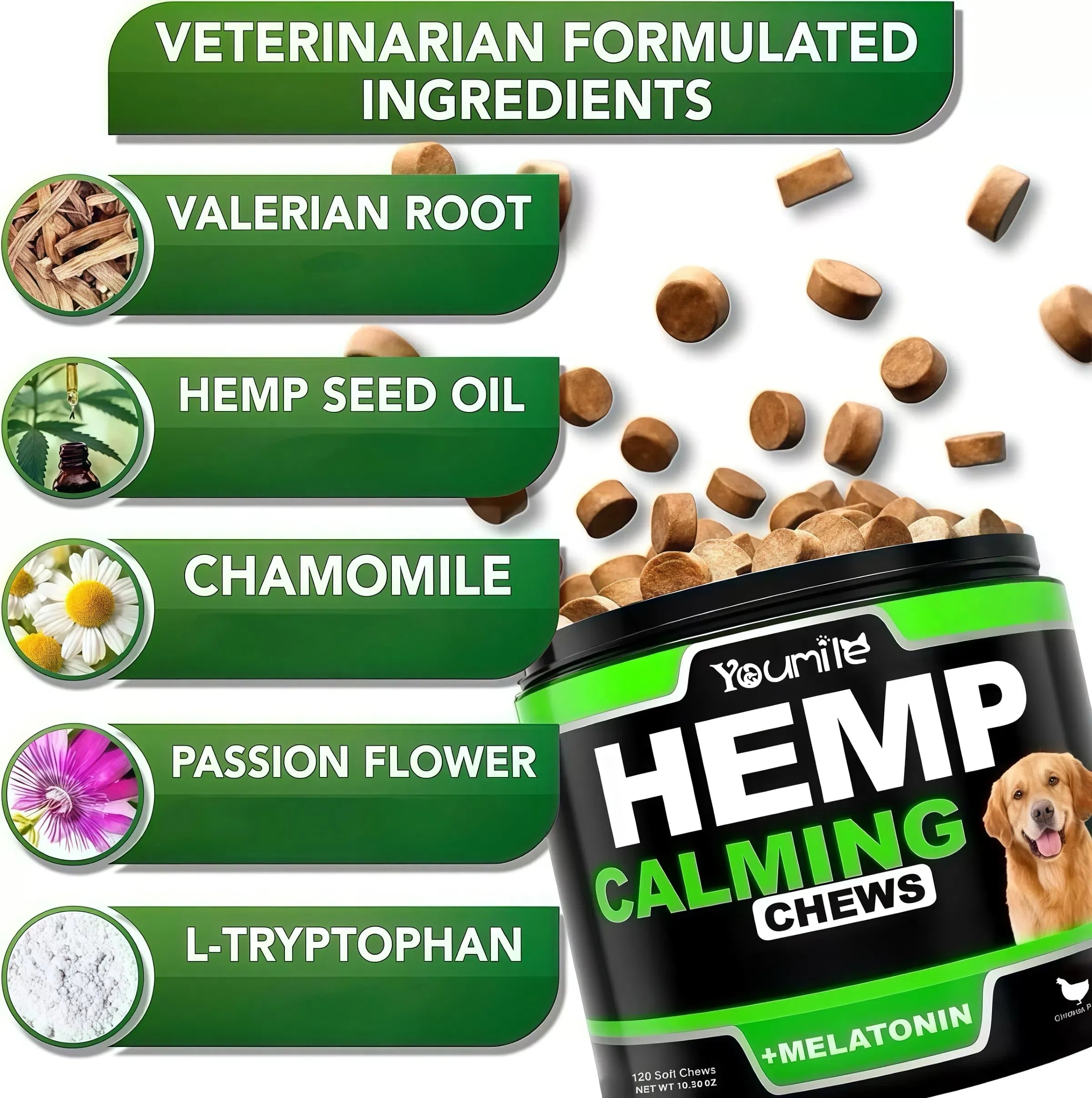 [120 Chews]Dogs Hemp Calming Chews | Noise Phobia & Anxiety Relief-Travel Stress Support-Dog Melatonin-Dog sleep Aid