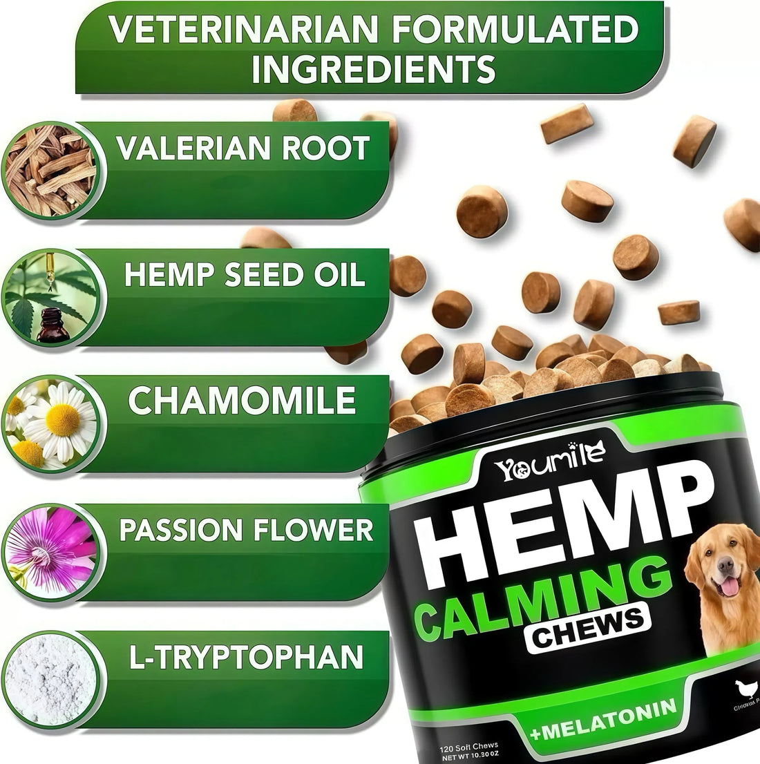 [120 Chews]Dogs Hemp Calming Chews | Noise Phobia & Anxiety Relief-Travel Stress Support-Dog Melatonin-Dog sleep Aid