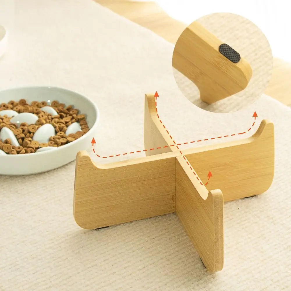 Wood Stand Raised Cat Bowl Ceramic Anti-choking Slow Feeder Bowl Ergonomic Neck Protection Cat Feeding Bowl Pet Feeding