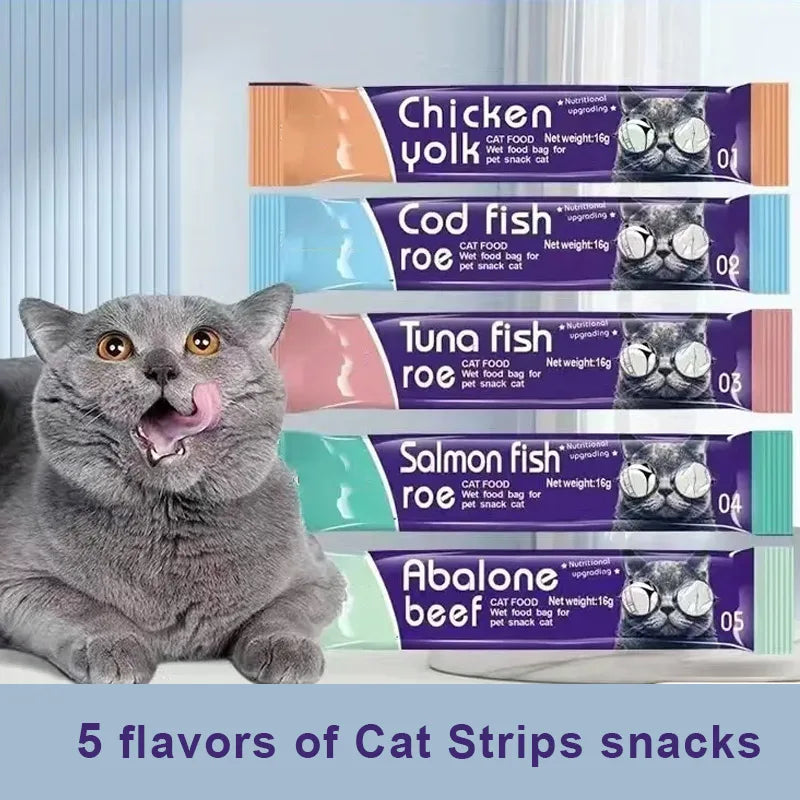 Pet Snacks Cat Strips Young Cat Wet Food Pack Nutrition Abalone+Beef Cod Salmon Formula Mixed Flavor Cat Liquid Snacks 30 Strips