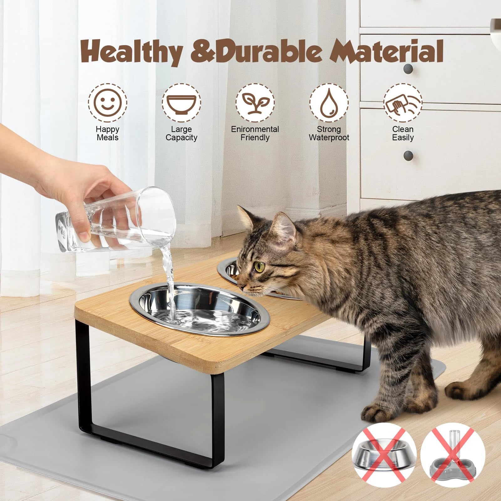 Elevated Cat Bowls Pet Feeder 15° Tilted Raised Cat Food Bowls with Wooden Stand 2 Stainless Steel Bowls for Cats and Puppy
