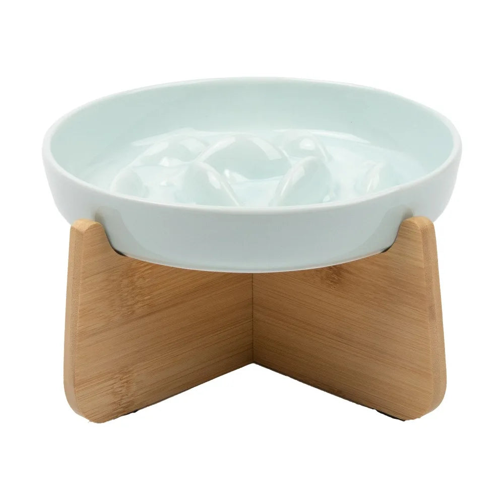 Wood Stand Raised Cat Bowl Ceramic Anti-choking Slow Feeder Bowl Ergonomic Neck Protection Cat Feeding Bowl Pet Feeding