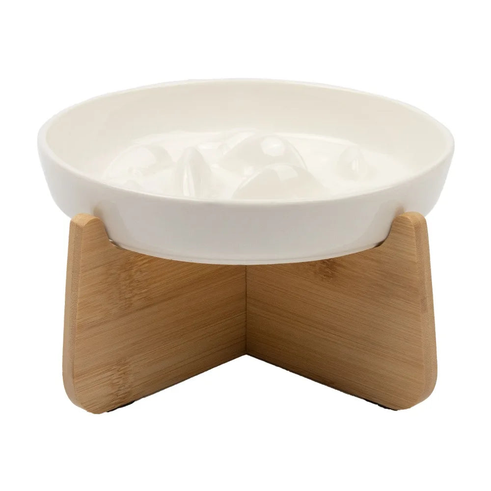 Wood Stand Raised Cat Bowl Ceramic Anti-choking Slow Feeder Bowl Ergonomic Neck Protection Cat Feeding Bowl Pet Feeding