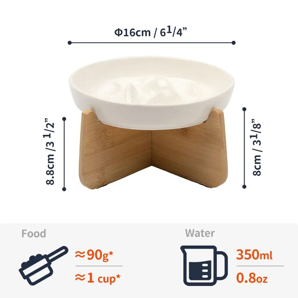Wood Stand Raised Cat Bowl Ceramic Anti-choking Slow Feeder Bowl Ergonomic Neck Protection Cat Feeding Bowl Pet Feeding